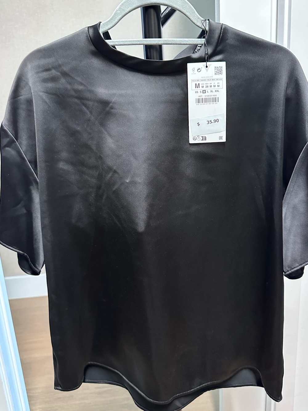 Zara Black Satin Crewneck Short Sleeve Tee